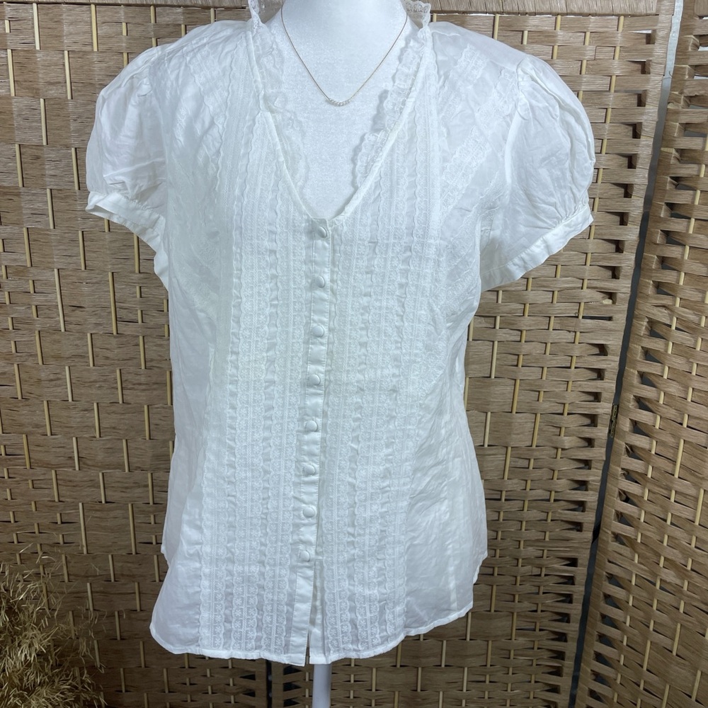 Women's Cotton White Lace-Trim Button Front Blouse Ann Taylor Loft Size 14